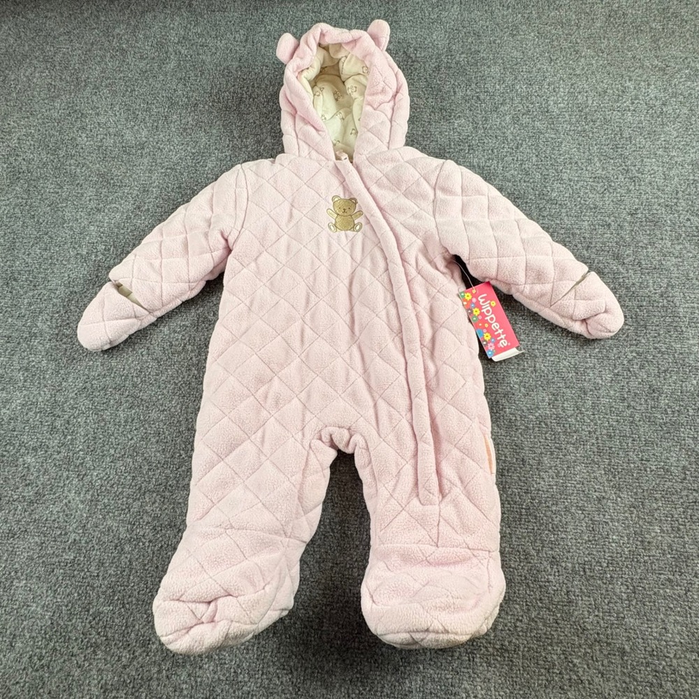 Wippette Bunting Snowsuit Baby Girl 3/6M Pink Quilted Fleece Teddy Bear Hooded‎